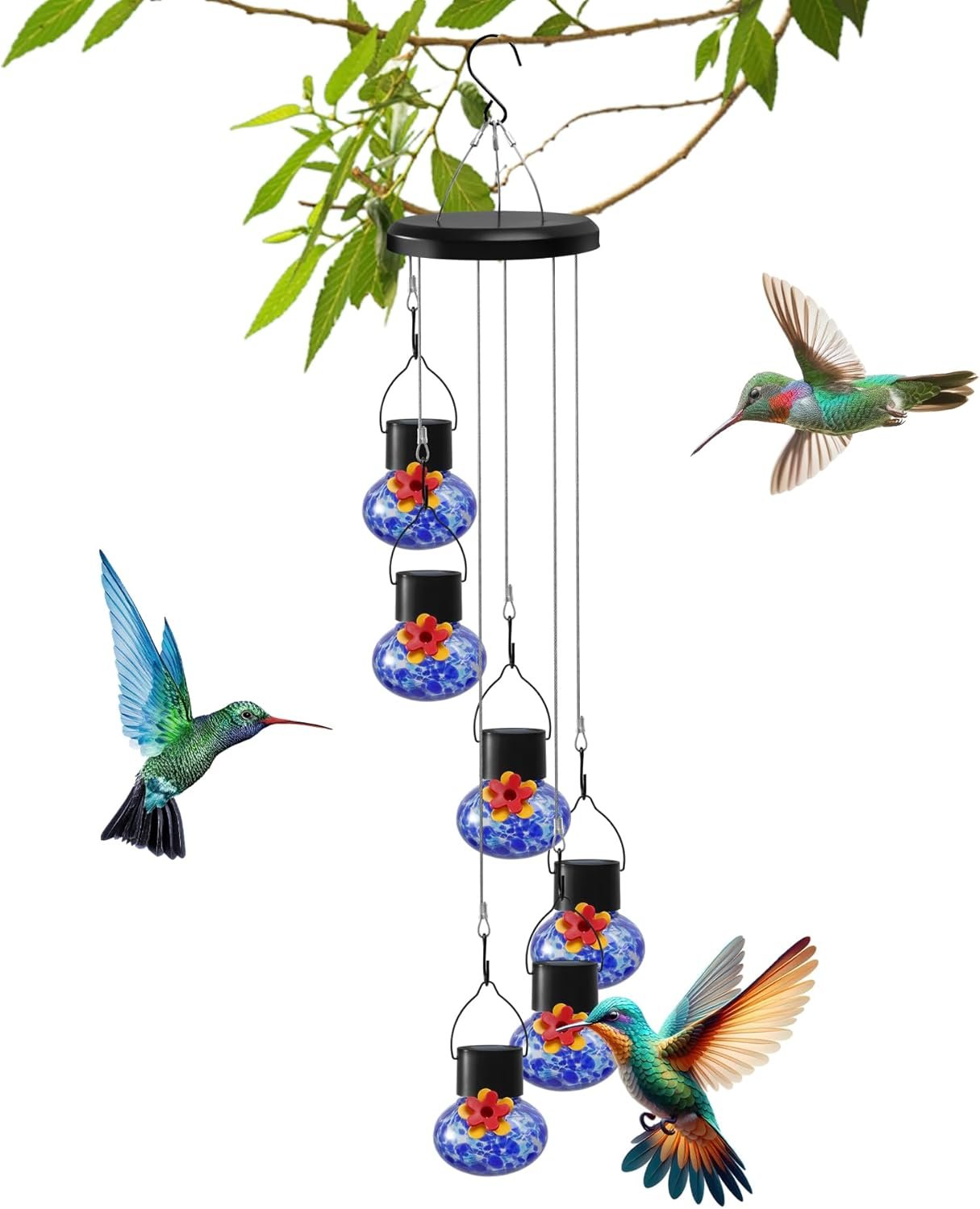 Solar hummingbird feeder with wind chimes, elegant 6 Leak proof Glass Ports, Frosted Design, and Ocean Night Light – The Perfect Outdoor Gift for Nature Lovers