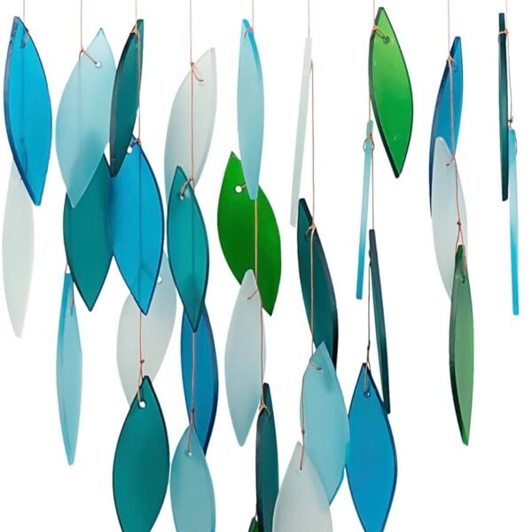 Blue Handmade Ocean Waterfall Glass and Driftwood Wind Chime, Handmade Wind Chime of Sandblasted Glass and Natural Wood