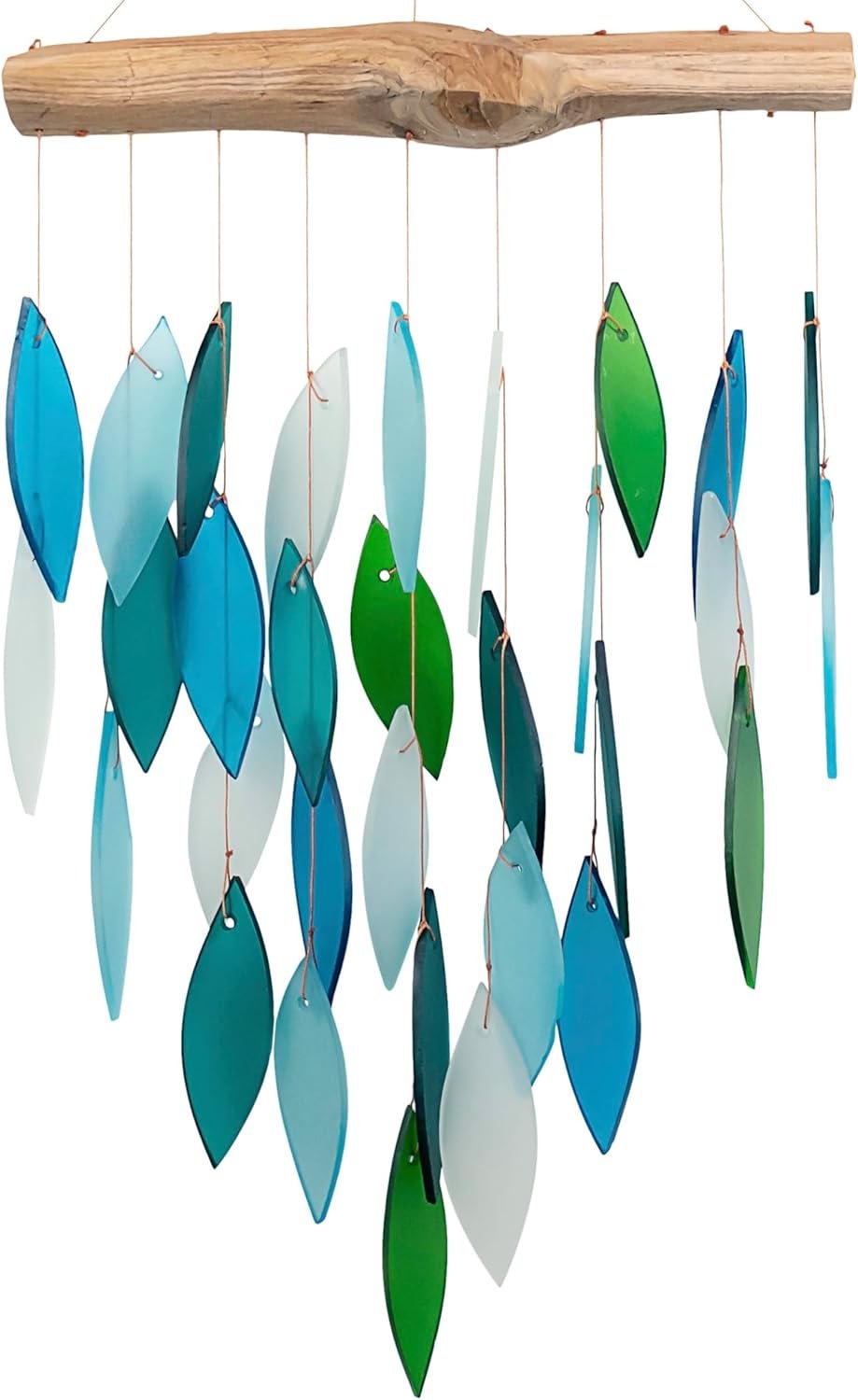 Blue Handmade Ocean Waterfall Glass and Driftwood Wind Chime, Handmade Wind Chime of Sandblasted Glass and Natural Wood