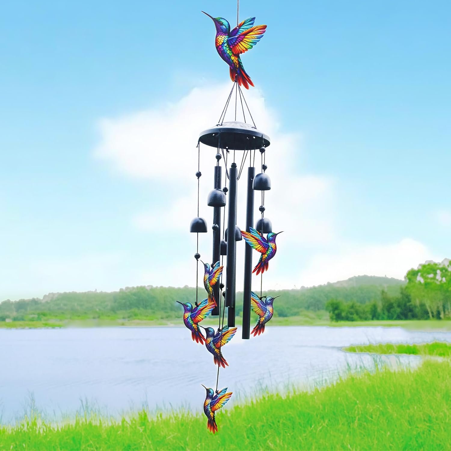Hummingbird Wind Chime, Suitable for Outdoor Use, Black Metal Outdoor Wind Chime, Hummingbird Theme Gift, Suitable for Women/Men, Garden/Pavilion Decoration, Anniversary/Birthday Gift, Suitable for Grandma/Mom, Durable Image 2
