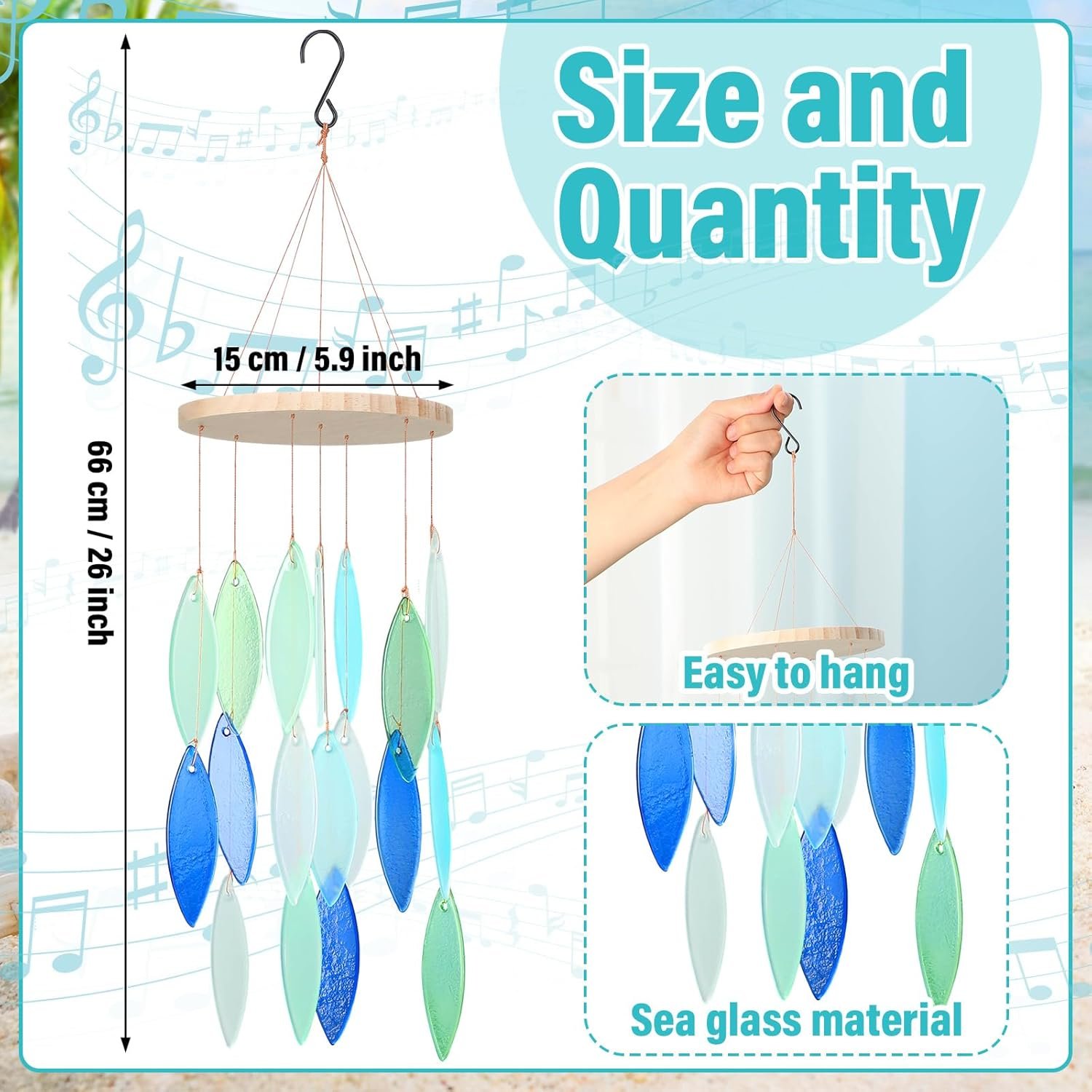 Sea Glass Wind Chime, Handmade Shell Wind Chime, Coastal Outdoor Decoration, Indoor and Outdoor Garden Home Housewarming Decoration, Beach Vacation, Summer Gift for Women, 26 inch Image 2
