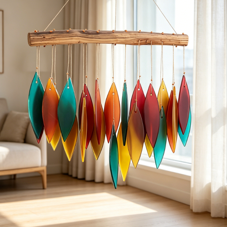 Glass wind chimes, sandblasted glass and recycled wood handmade wind chimes