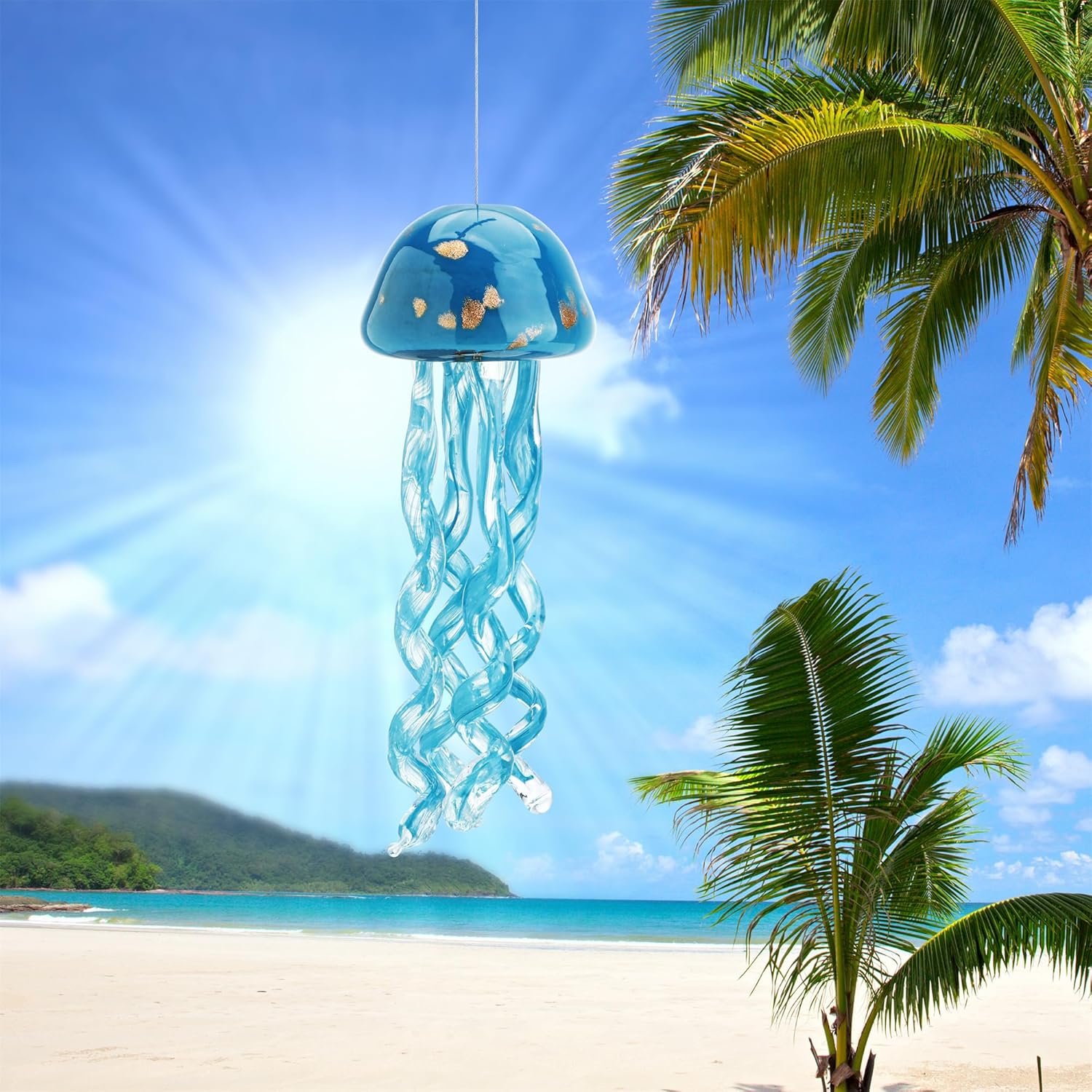 Handmade blown art glass jellyfish wind chimes, glass jellyfish hanging sun catcher wind chimes, outdoor wind chimes, sea glass blown wind chimes, beach parties, wedding decorations (light blue) Image 2
