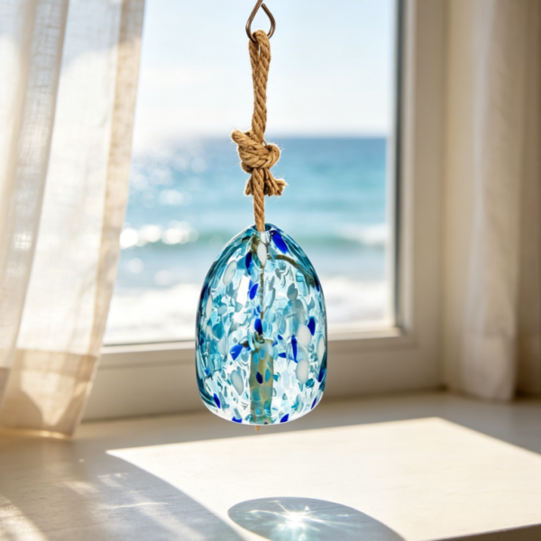 Stained art glass wind chimes | Light blue | Solid wood percussion | Natural dark tone | 8 inches high | Exquisite Gifts for Patios, Gardens, and Outdoor Home Decor