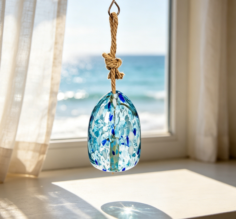 Stained art glass wind chimes | Light blue | Solid wood percussion | Natural dark tone | 8 inches high | Exquisite Gifts for Patios, Gardens, and Outdoor Home Decor