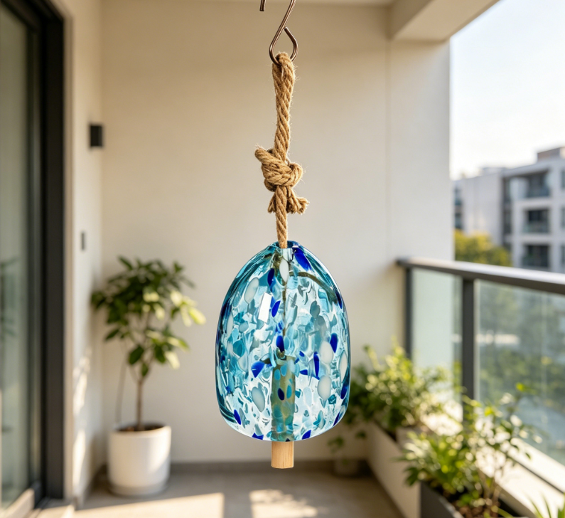 Stained art glass wind chimes | Light blue | Solid wood percussion | Natural dark tone | 8 inches high | Exquisite Gifts for Patios, Gardens, and Outdoor Home Decor Image 2